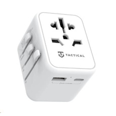 Tactical cestovní adaptér pro EU/UK/USA/JAP/AUS/CNY, 1x USB-C + 1x USB A, 12W, bílá