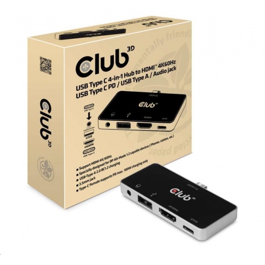 Club3D Dokovací stanice USB Type C 4-in-1 Hub to HDMI™ 4K60Hz USB Type C PD / USB Type A / Audio jack