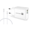 CONNECT IT Duplex nabíjecí adaptér 1xLightning, 1×USB-C, 20W, 1xLightning - USB-C kabel, bílá